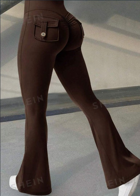 Pantaloni svasati da yoga e fitness con tasche, pantaloni sportivi alla moda a vita alta