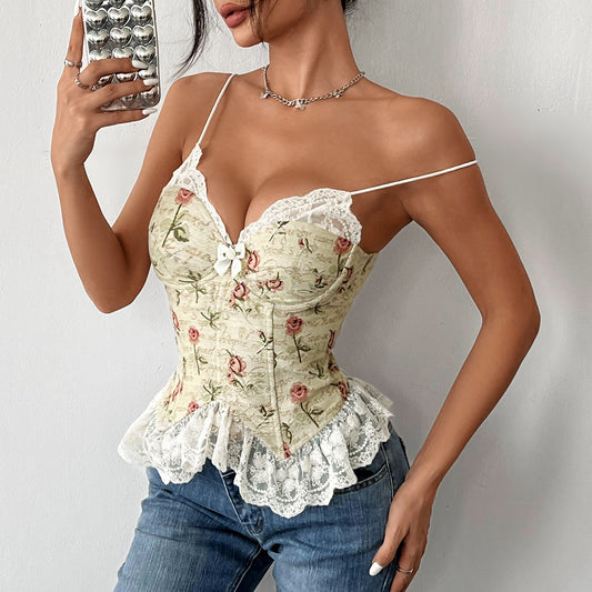 Retro Jacquard Stitching Sexy Lace Lace Spaghetti-strap Vest