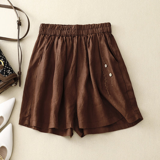 Pantaloncini in lino e cotone con ricamo vintage alla moda femminile