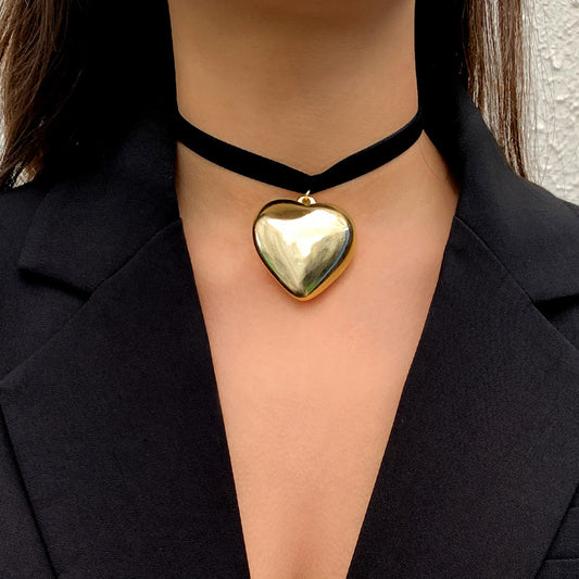 Collana con cuore di pesca in tessuto floccato, elegante e alla moda, semplice, con catena per clavicola