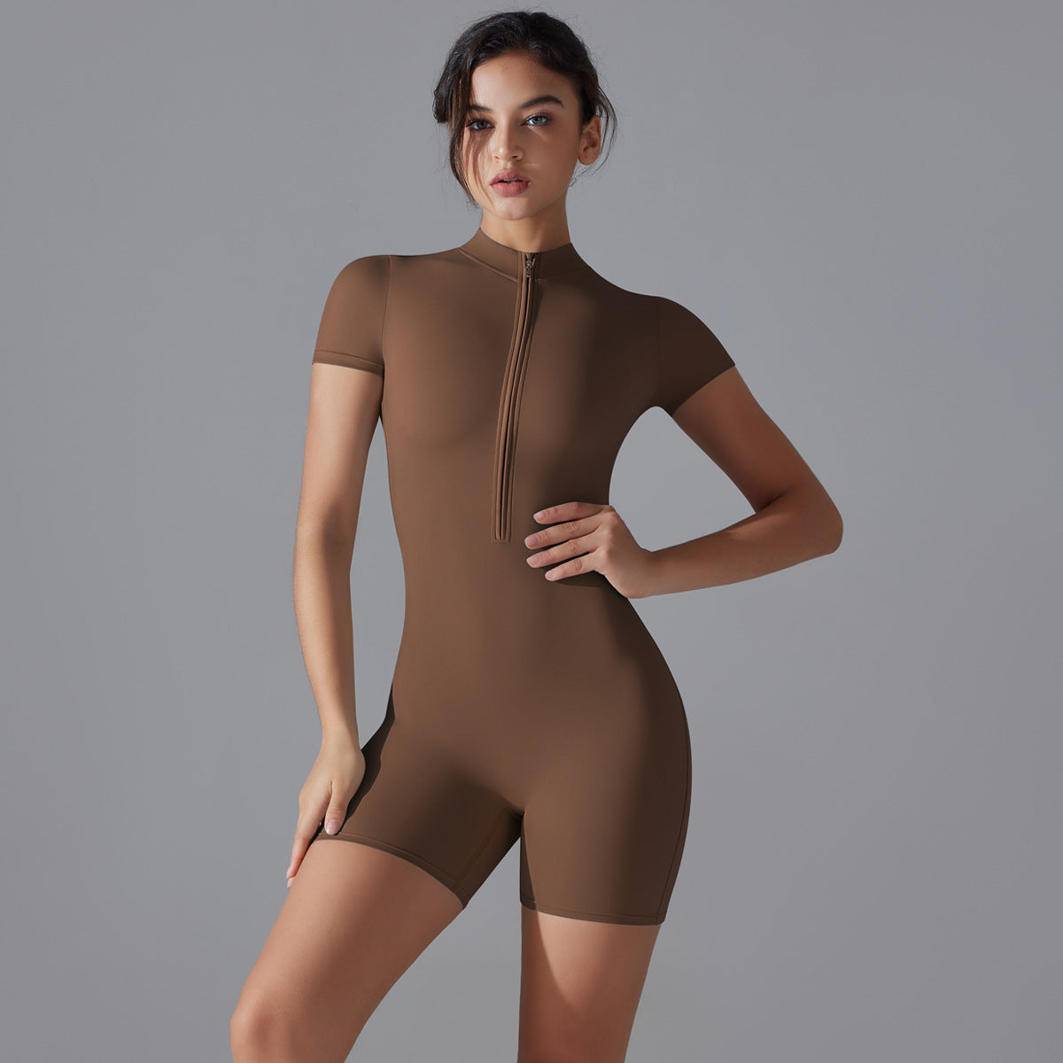 Tuta sportiva da donna con cerniera estiva, a maniche corte, per yoga, fitness, danza, slim, abbigliamento sportivo