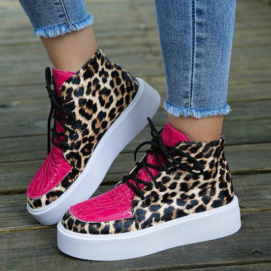 Scarpe da donna casual con plateau, tacco basso, stampa leopardata, a blocchi di colore, con pizzo, nuove autunnali