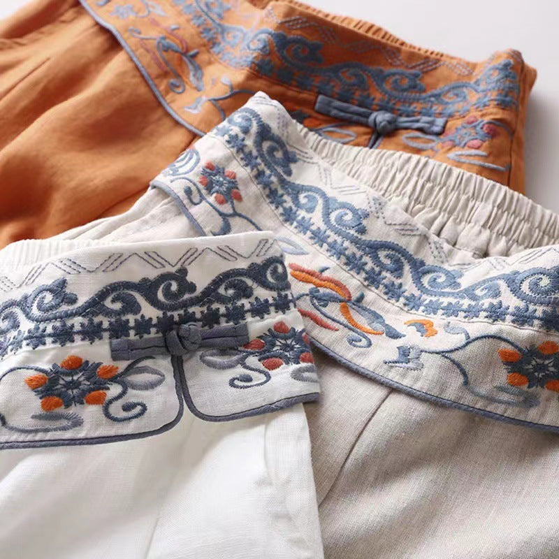 Gerade Hose aus Baumwollleinen mit Stickerei für Damen