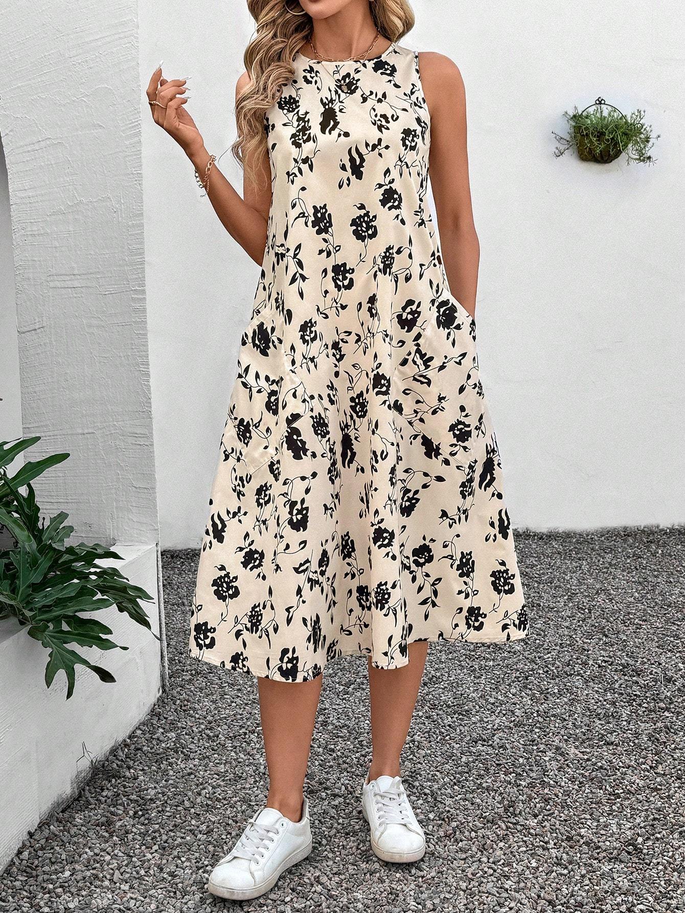 Abito midi casual elegante con stampa floreale retrò, senza maniche, scollo tondo e orlo svasato