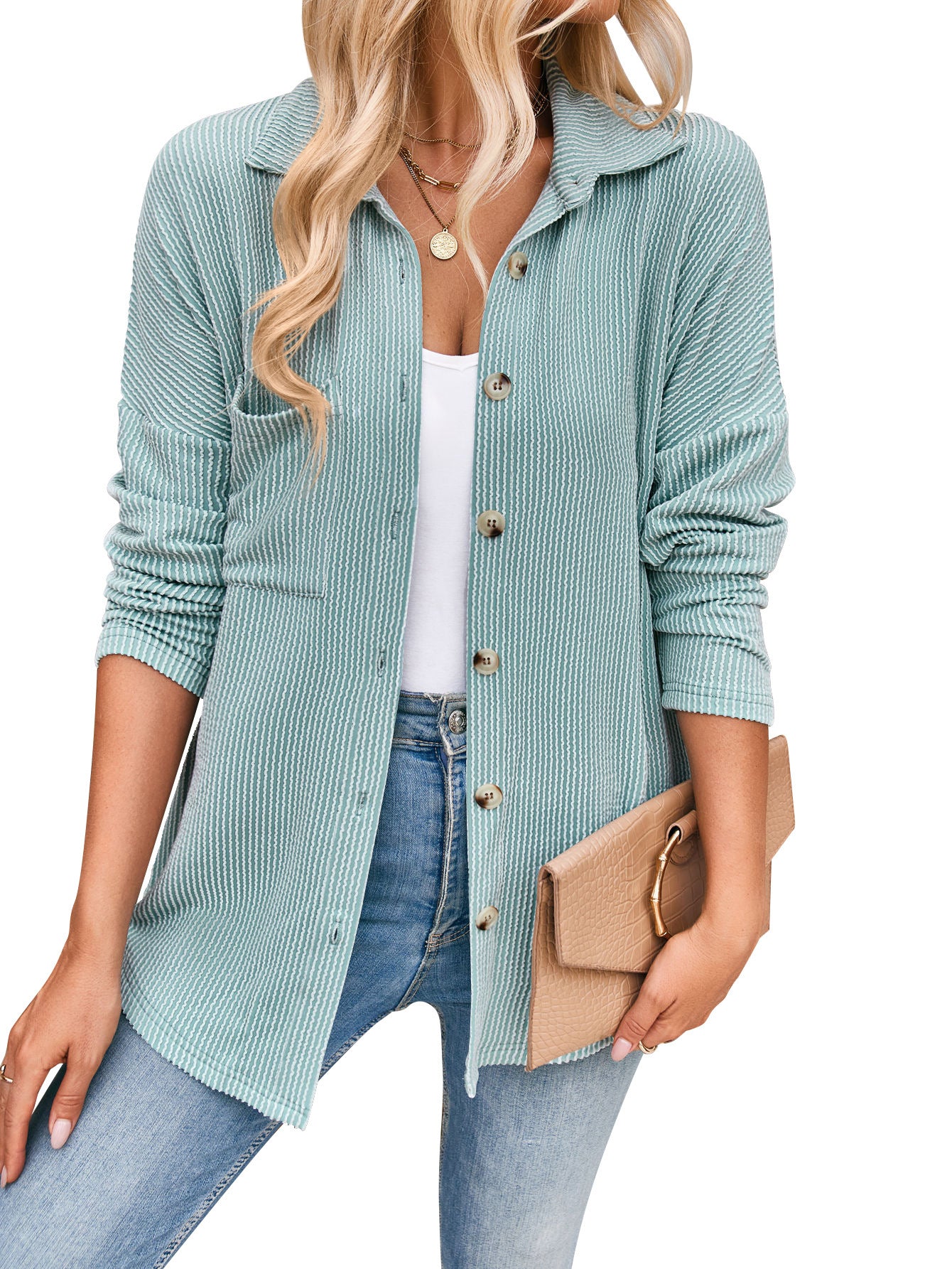 Camicia a maniche lunghe con tasca a contrasto a righe