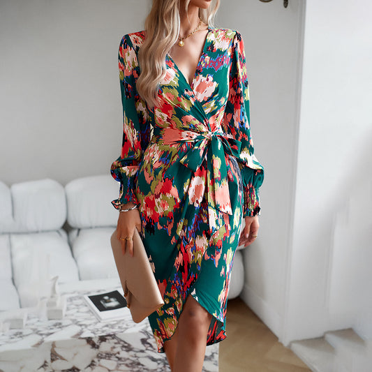 Bedrucktes Kleid Herbst Winter Elegantes Kleid mit V-Ausschnitt