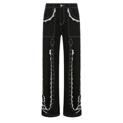Women's Wide Leg Stitching Lace Lace Wash Denim Trousers