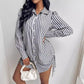 Abito-camicia a righe a contrasto di colore, a maniche lunghe, con risvolto, da donna