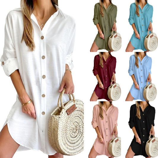 Abito camicia a maniche lunghe con risvolto e bottoni, per il tempo libero autunnale, abbigliamento da donna