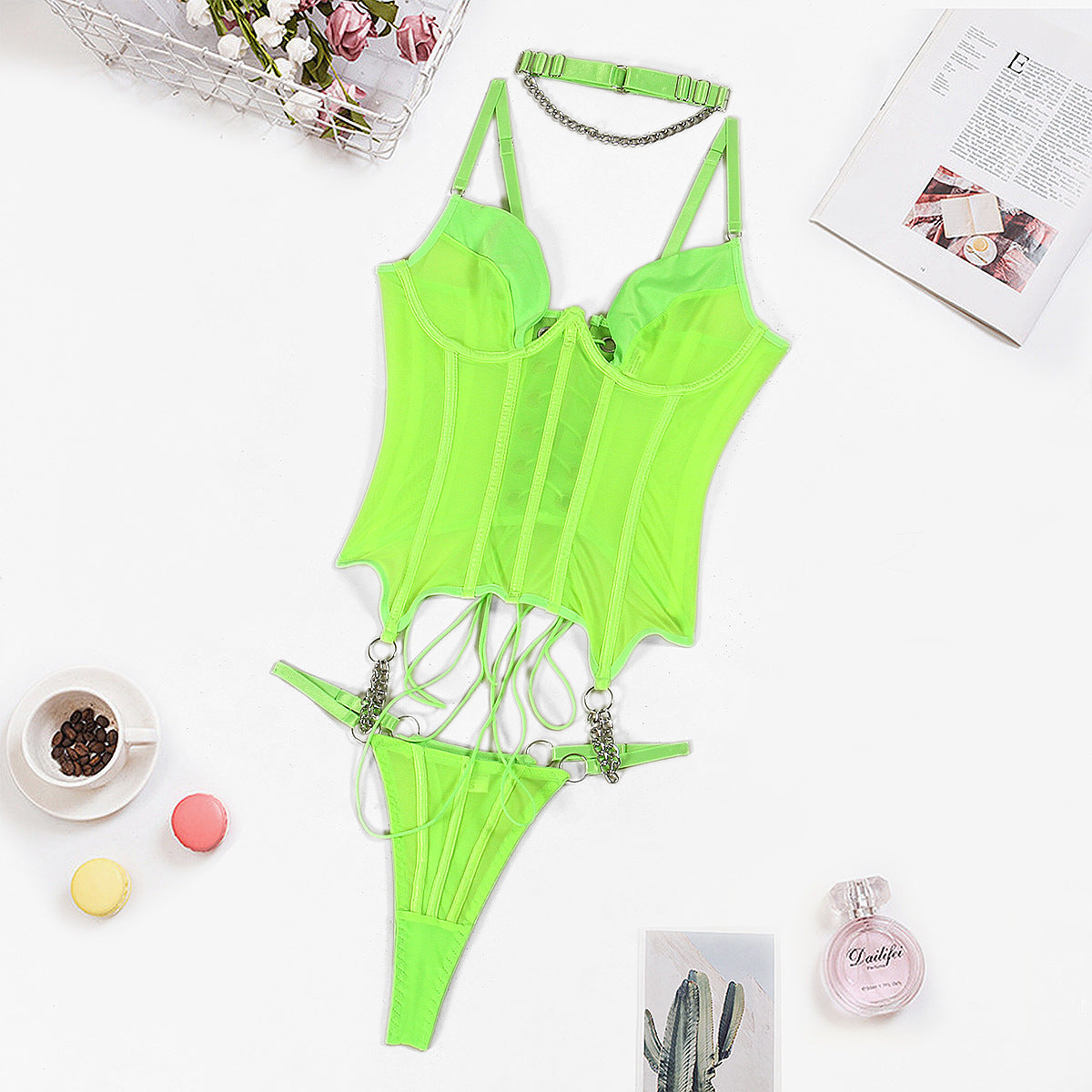 Damenbekleidung Transparentes Mesh Sexy Schnür-Shapewear Dreiteiliges Set