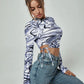 Abstract Printed Slim Cropped Long-sleeved Top