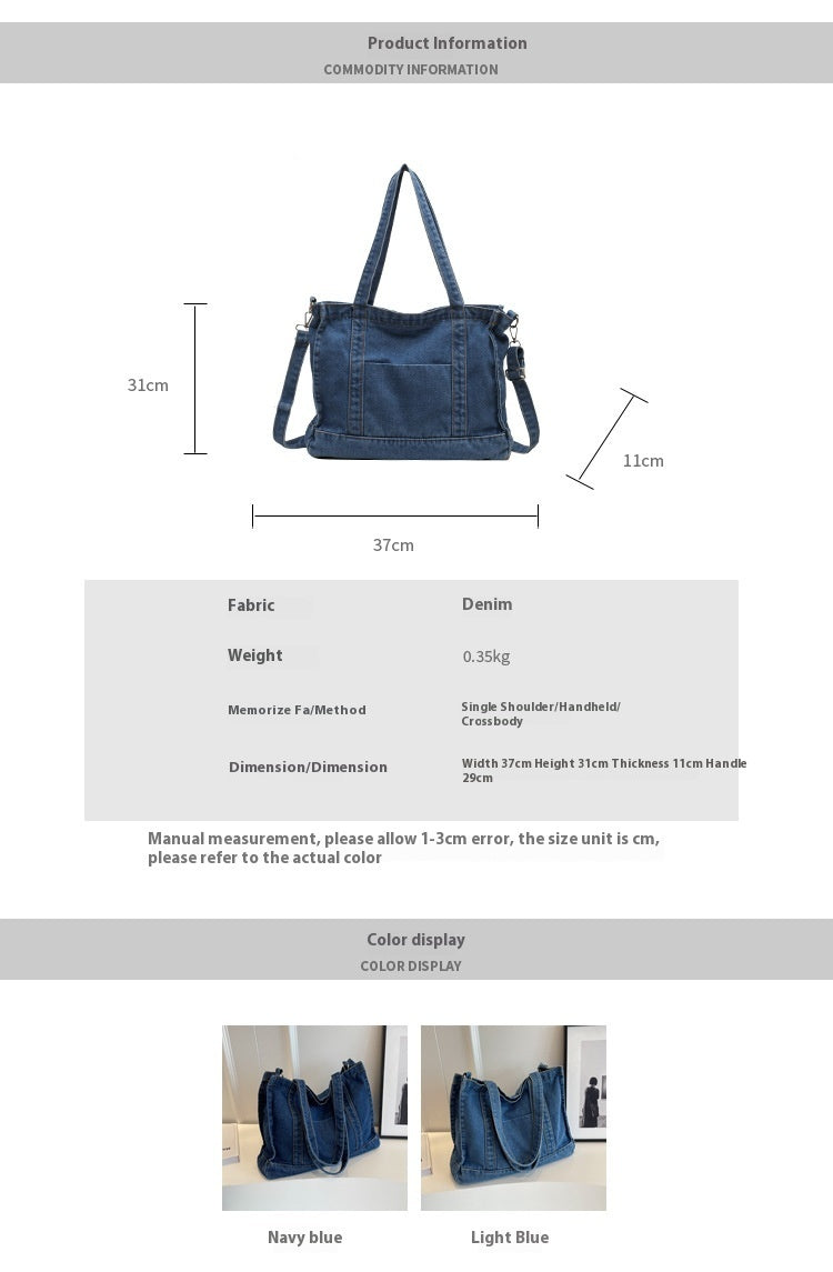 Borsa a mano da pendolare a tracolla grande capacità alla moda in denim da donna