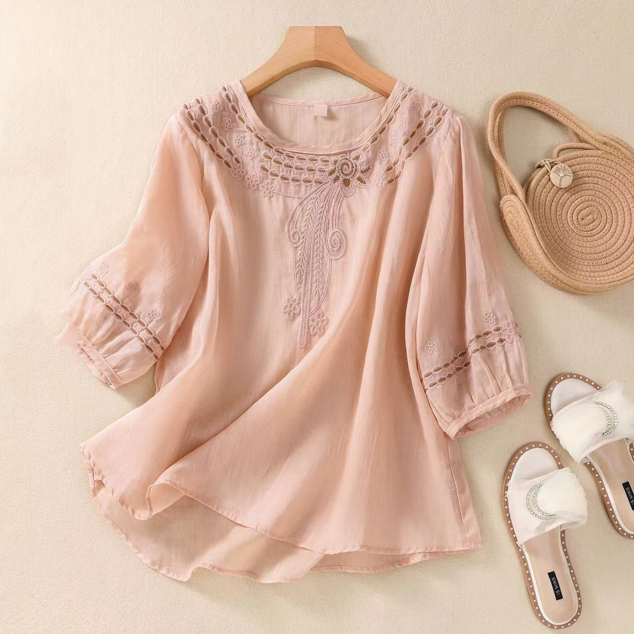Camicia estiva vintage in cotone e lino ricamata a mezza manica