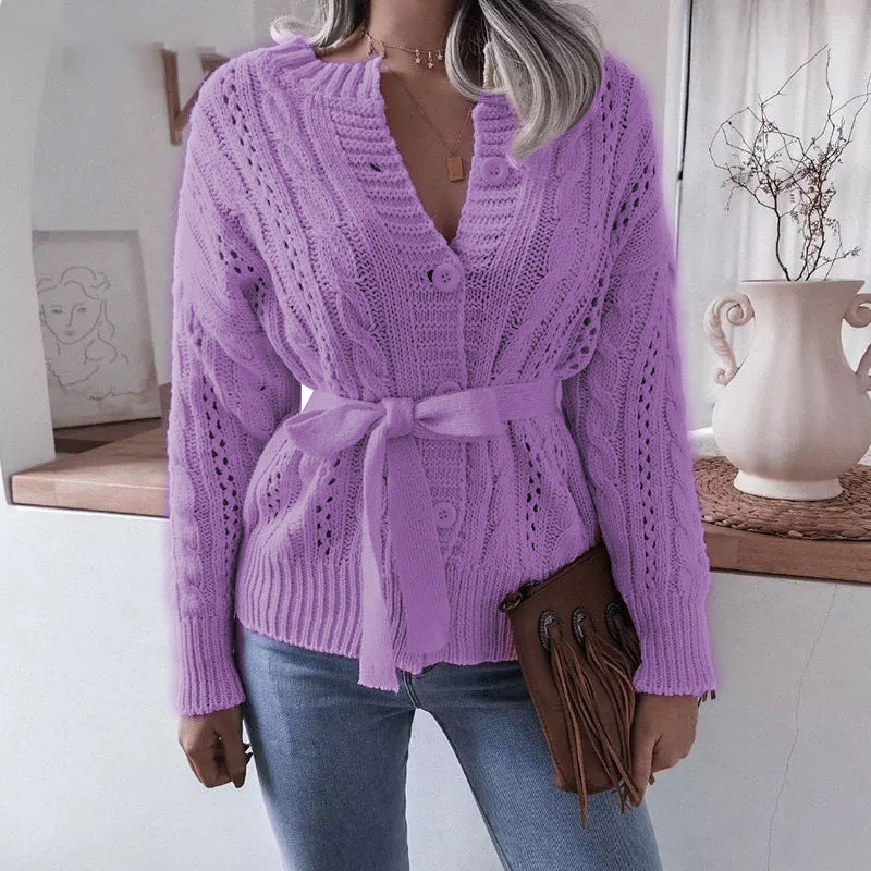 Cardigan lavorato a maglia con bottoni intrecciati in vita