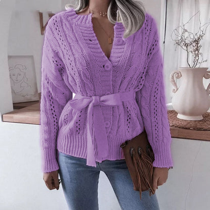 Cardigan lavorato a maglia con bottoni intrecciati in vita