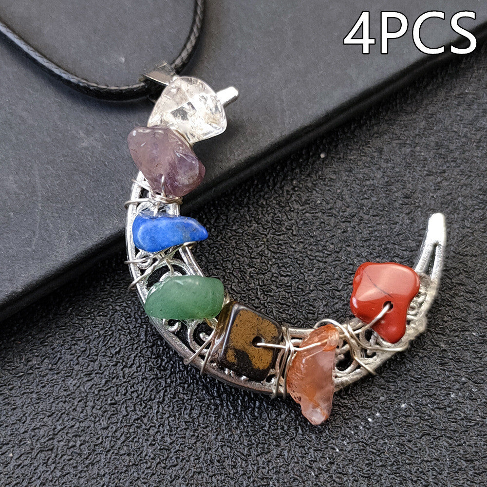 Collana con pentagramma a forma di luna e sette chakra in pietra di cristallo