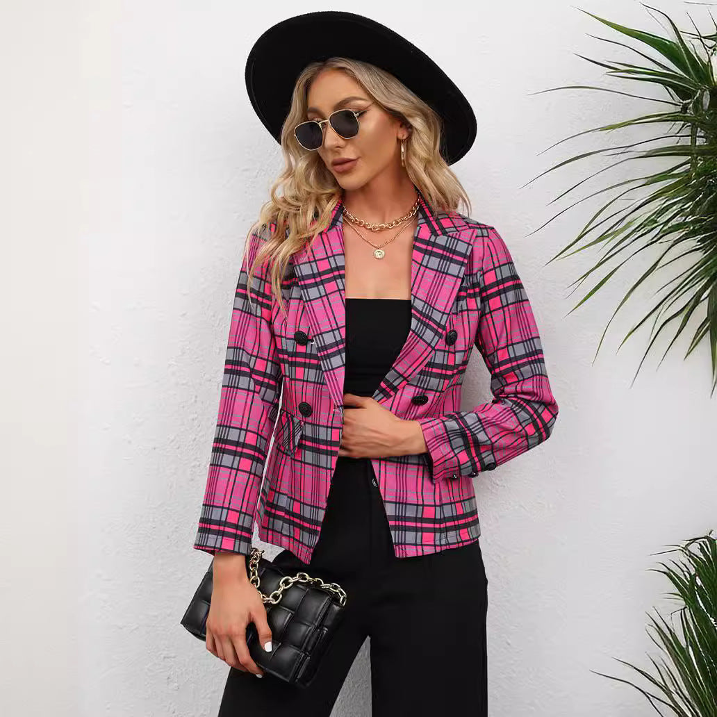 Women's Fashion Plaid Button Lapel Long Sleeve Coat