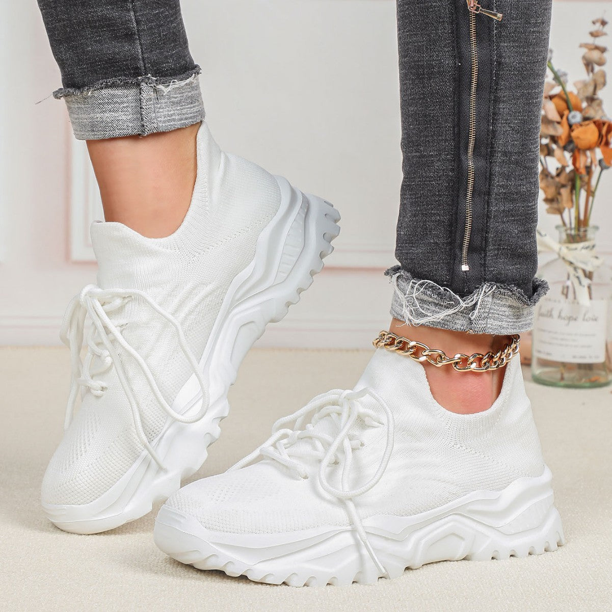 Scarpe sportive da donna in Flyknit traspirante e alla moda, taglie forti, per primavera e autunno