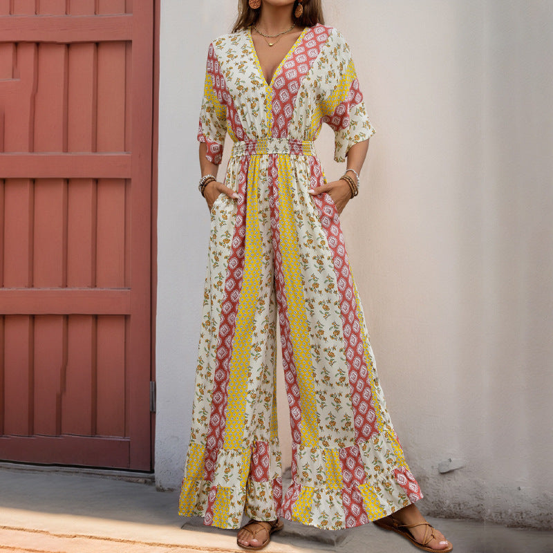 New Bohemian Style Printed Retro Style High Waist One-piece Trousers For Women