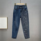 Jeans larghi da donna in cotone elasticizzato a vita alta snellenti con strass caldi