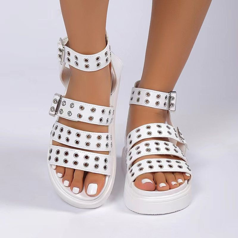 Damen-Sandalen mit offener Spitze und dicker Sohle, Outdoor-Nietenknopf