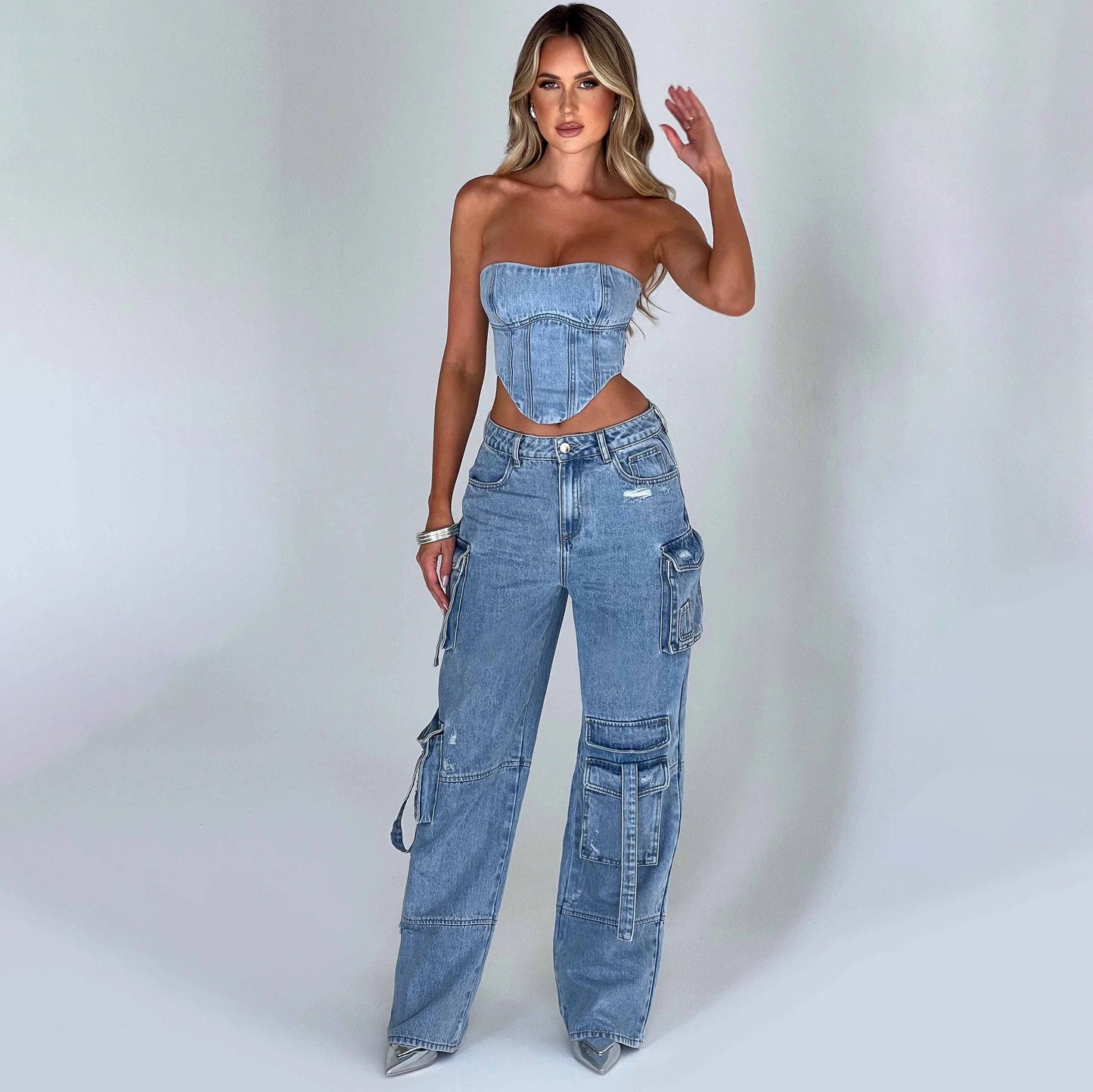 2-teiliges Denim-Set für den Sommer, sexy, rückenfreies Tube-Top und gerade Hose mit mehreren Taschen