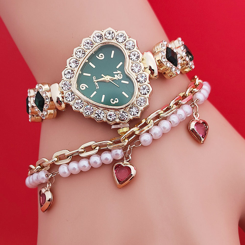Orologio da polso con forma di amore alla moda, set di orologi al quarzo con cuore colorato e diamanti, moda da donna