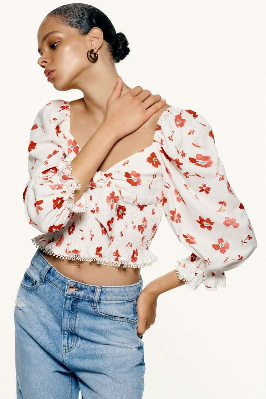 Top in lino con stampa floreale a strati e vita elasticizzata da donna