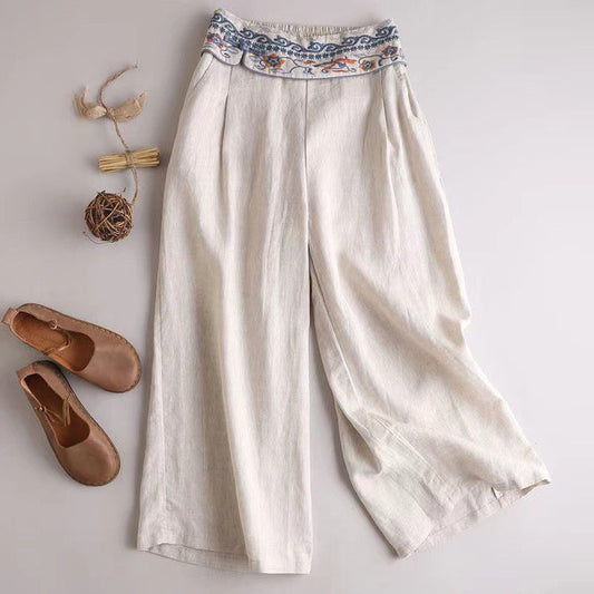 Women's Cotton Linen Embroidered Straight Pants