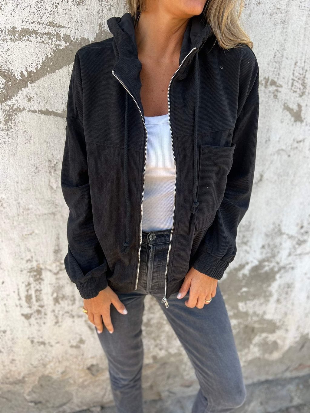 Corduroy Hooded Zip-up Jacket With Pockets Fashion