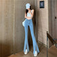 Jeans a vita alta con spacchi sottili da donna, pantaloni micro svasati
