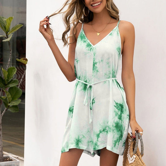 Tuta estiva con scollo a V e bretelle in vita, effetto tie-dye