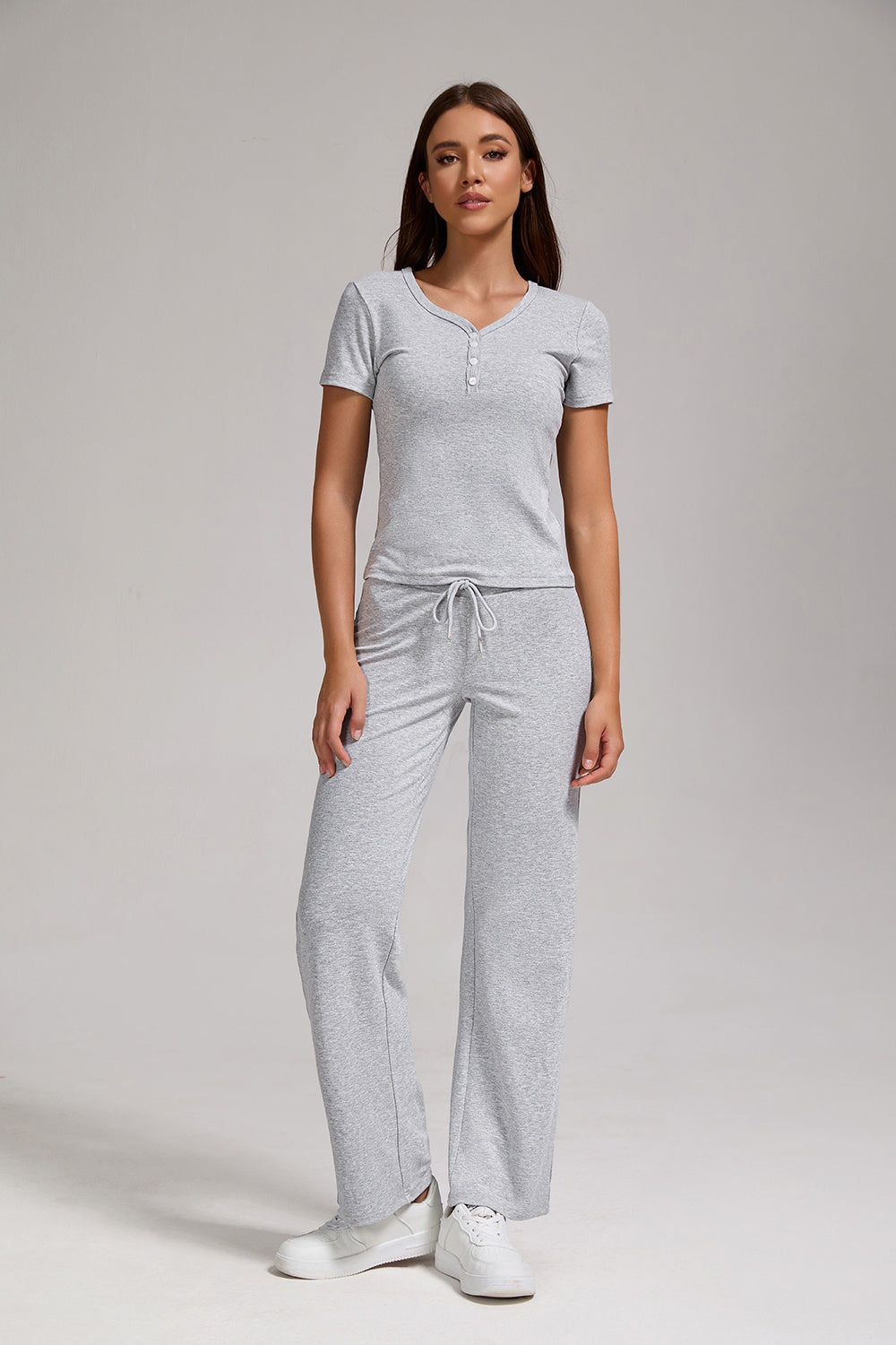 Women's Casual Sports Two-piece Set With V-neck Button