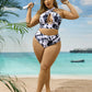 Cross Collar Random Printed Bikini Swimsuit Suit