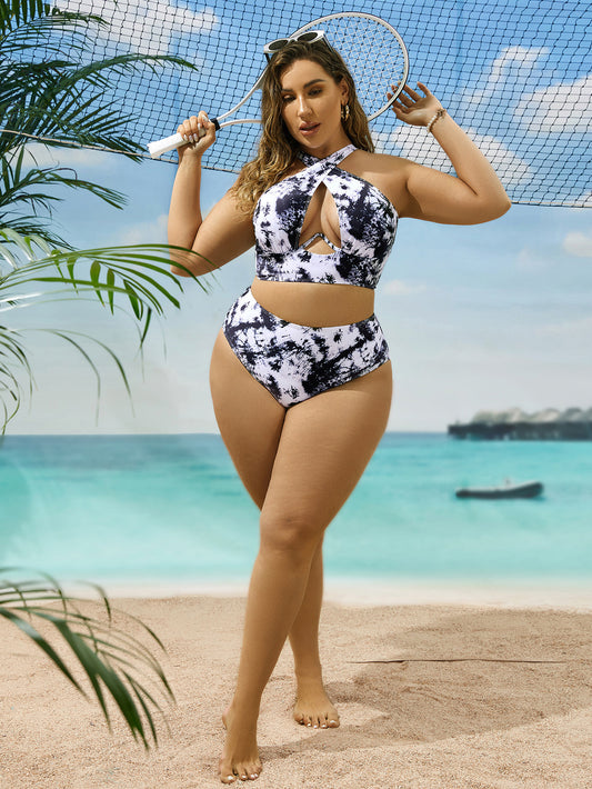 Costume da bagno bikini con stampa casuale e colletto incrociato