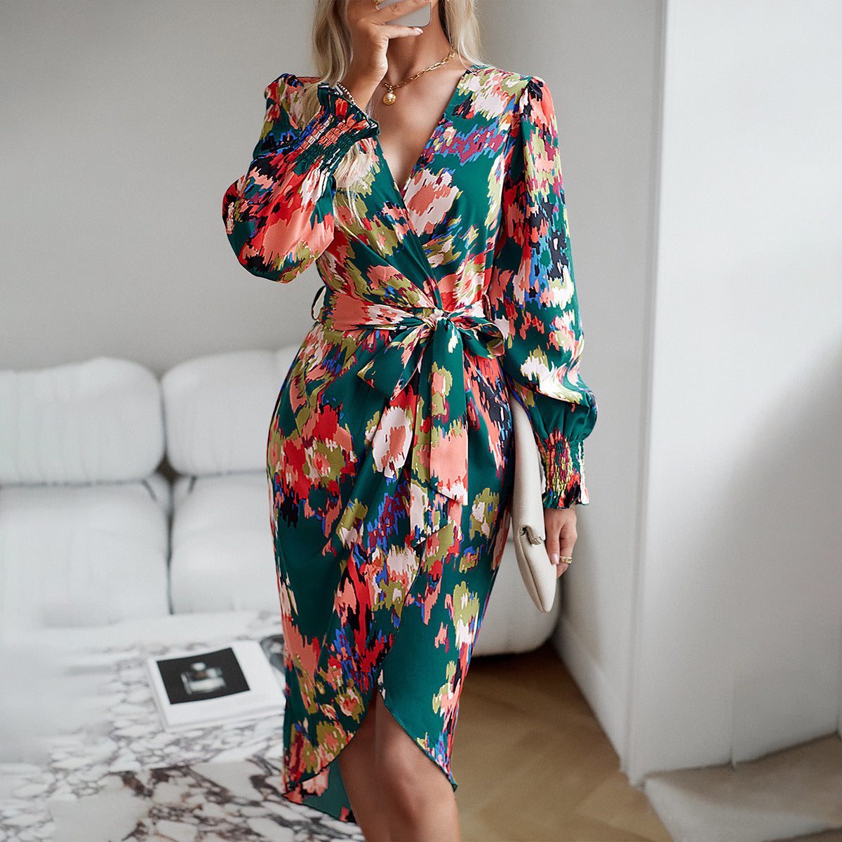 Bedrucktes Kleid Herbst Winter Elegantes Kleid mit V-Ausschnitt