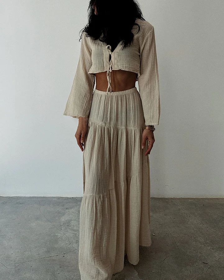 Modischer Cardigan mit V-Ausschnitt, Schnürung, hohem Schlitz, zweiteiliger Anzugrock aus Baumwolle und Leinen