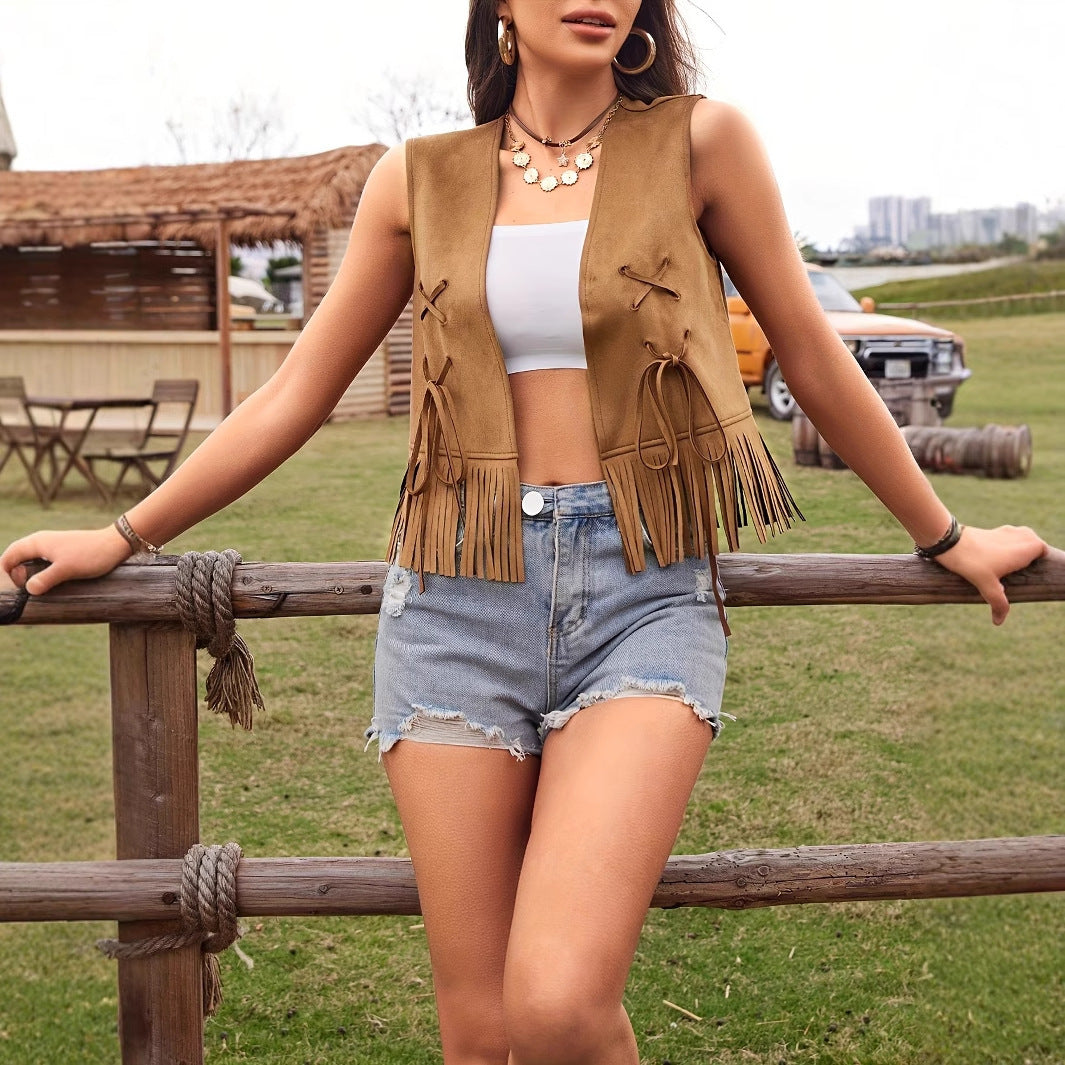 Women's Casual Vacation Western Style Suede Fringe Jacket