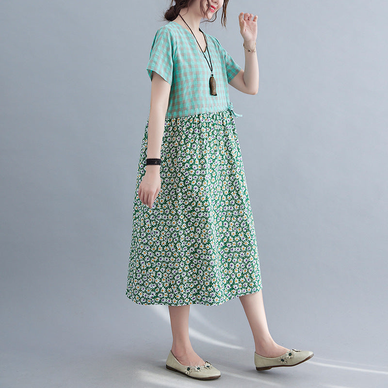 Literatur und Kunst, lockeres Patchwork-Kleid aus Baumwolle und Leinen mit Aufdruck, kurzärmelig für Damen