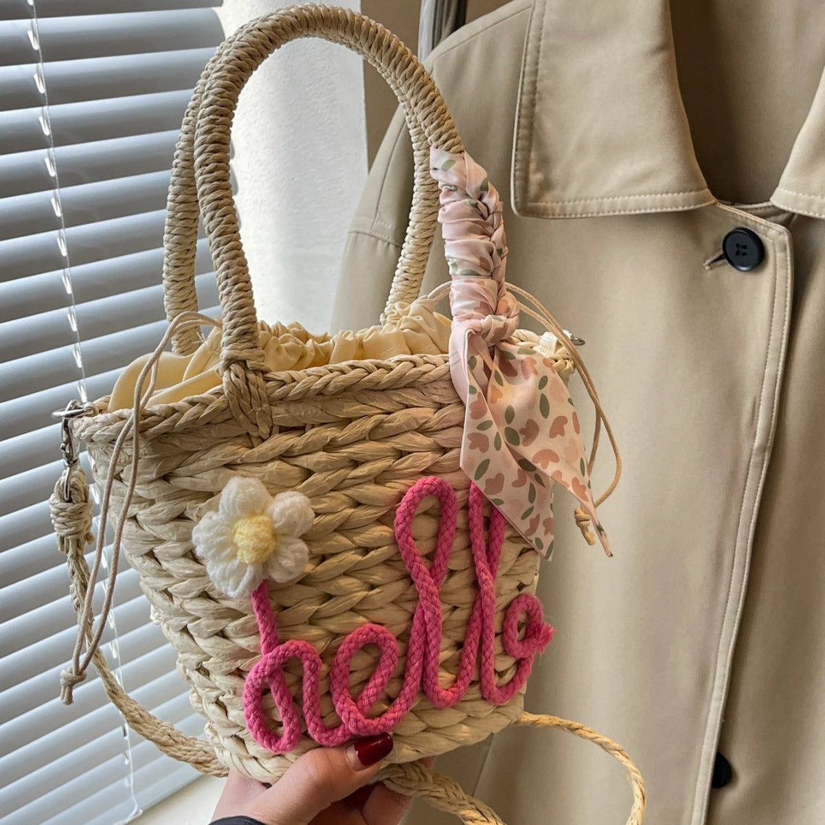 Borsa a mano intrecciata da donna, borsa a tracolla in paglia con lettera alla moda