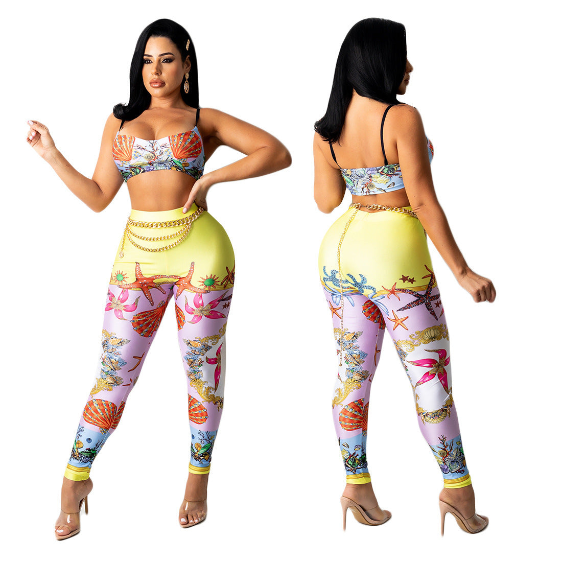 Pantaloni stampati alla moda sexy, completo casual a due pezzi