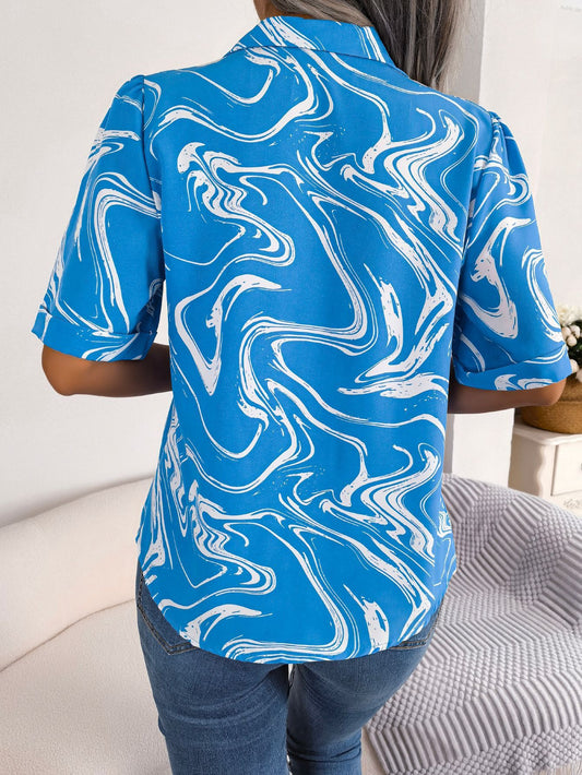 Camicia a maniche corte con stampa tie-dye alla moda, estiva, casual, con risvolto, per abbigliamento da donna