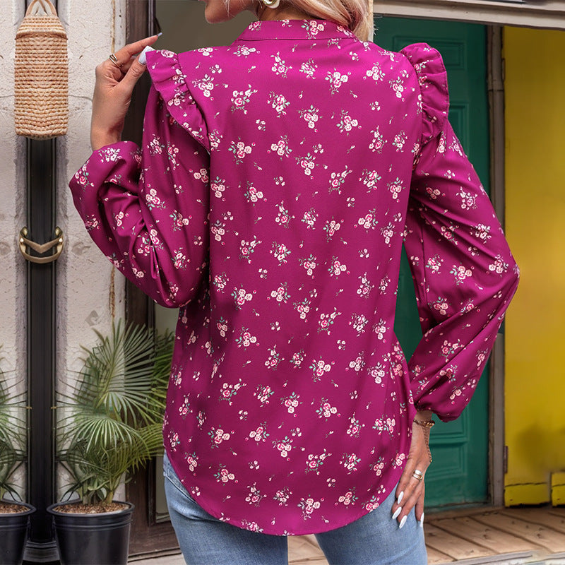 Camicia a maniche lunghe con stampa floreale da donna alla moda