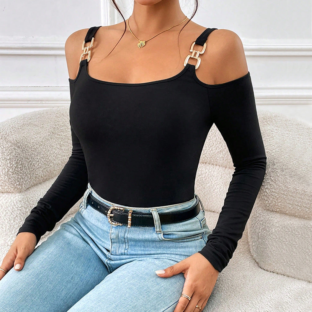 Damen Frühling und Sommer Mode Einfache Hosenträger Off-Shoulder Metall Haken Langarm Sexy Top