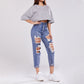 Ladies Trousers High-waisted Butt-lifting Holes Casual Straight-leg Denim Trousers