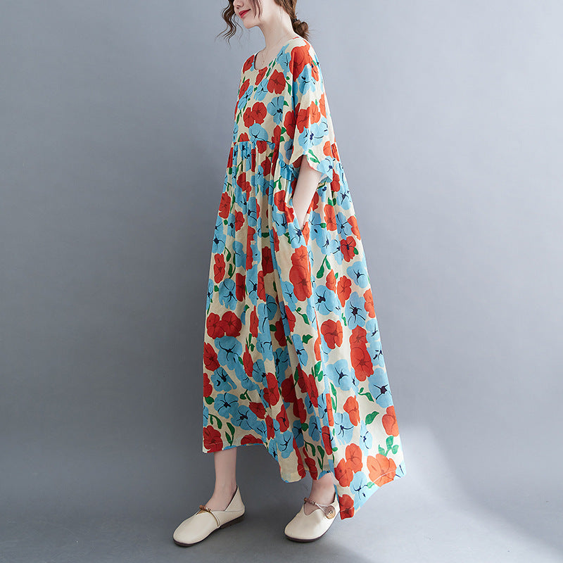 Künstlerisches, großes, lockeres, bedrucktes Kurzarmkleid aus Baumwolle und Leinen für Damen