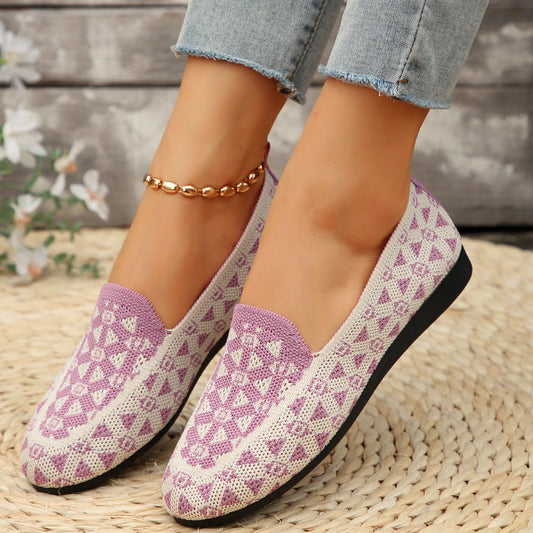 Bedruckte flache Schuhe mit runder Spitze, modische, lässige, hohle, atmungsaktive Strickschuhe, Halbschuhe für Damen