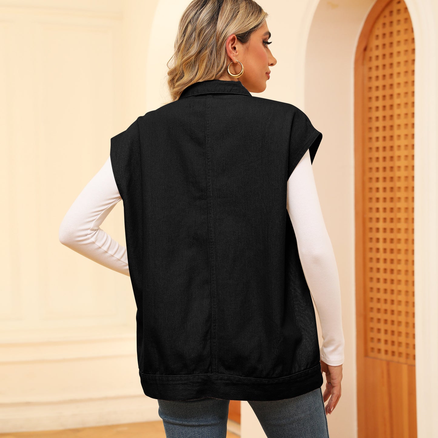 Gilet in denim con grandi tasche, gilet senza maniche alla moda per abbigliamento da donna