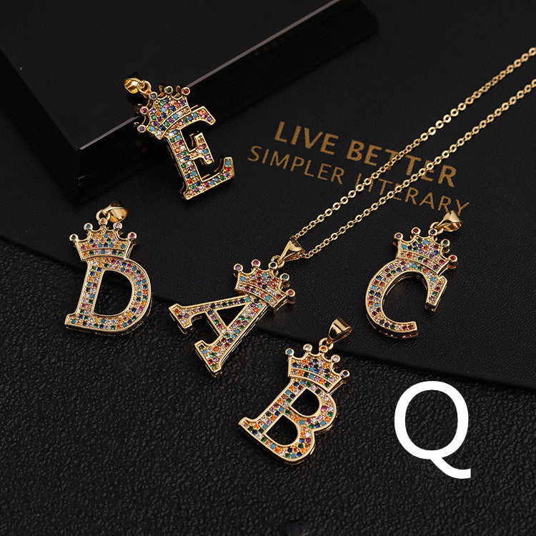 Micro-inlaid Colorful Zircon Hip-hop Personality 26 Letters Pendant Necklace