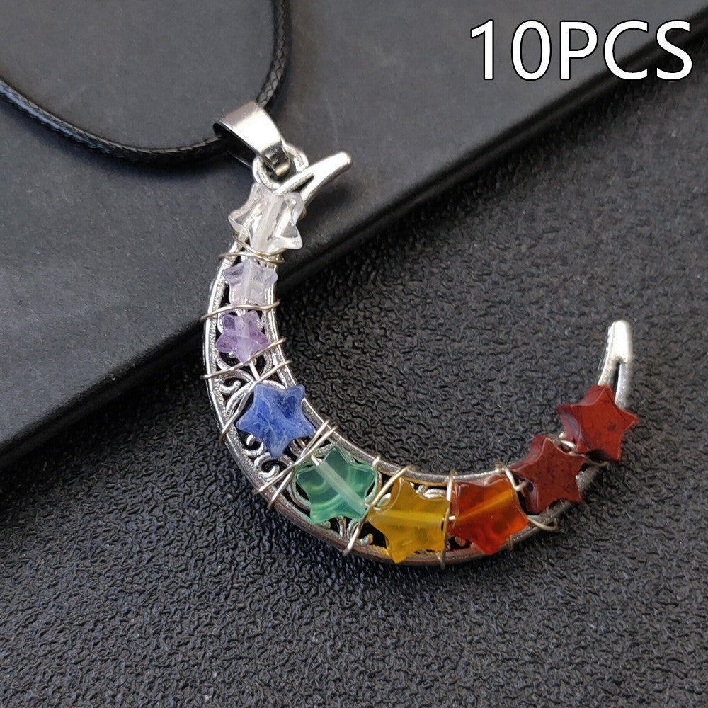 Collana con pentagramma a forma di luna e sette chakra in pietra di cristallo